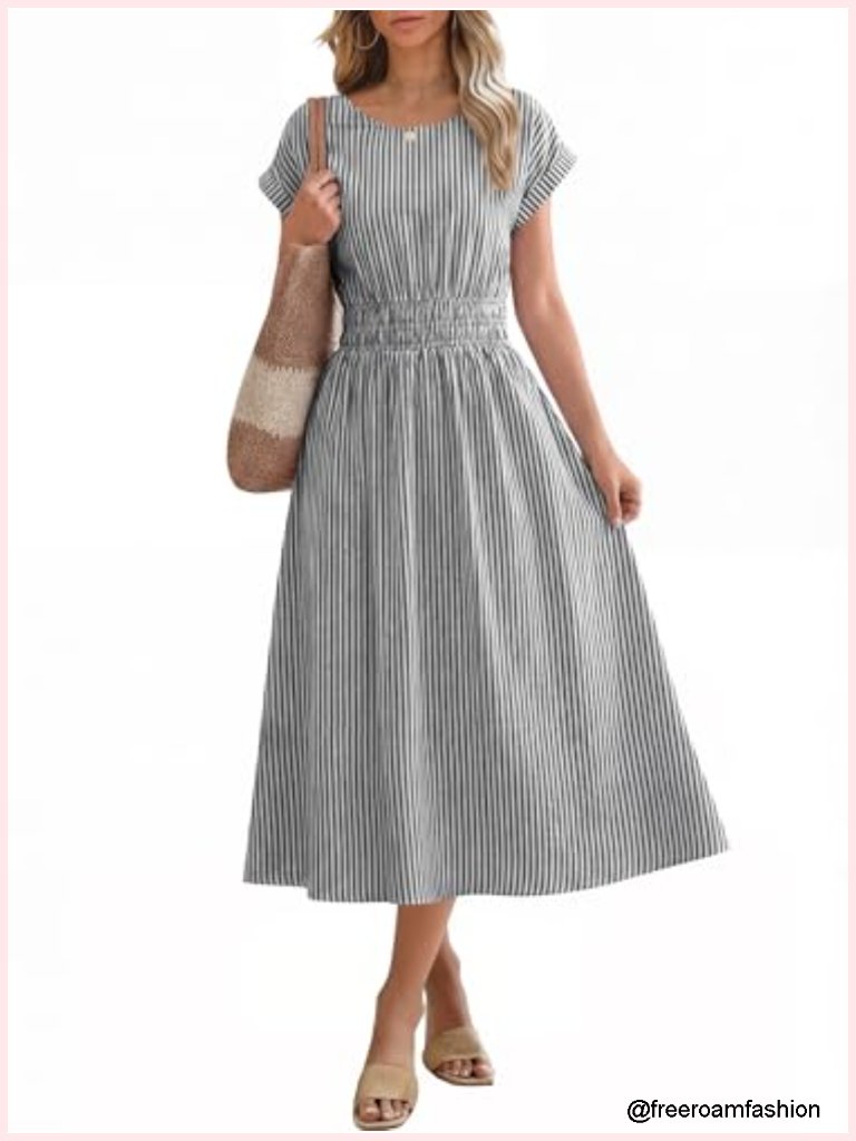 Women's Midi Dress With Pockets Short Sleeve Crewneck Empire Waist Flowy Beach